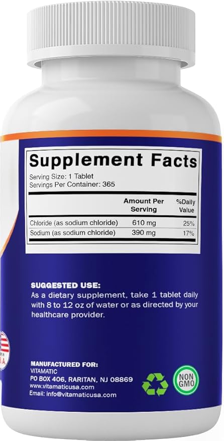 Vitamatic Sodium Chloride 1000mg – 365 Tablets -2 Bottles Electrolyte Replenisher & Hydration Support – Non-GMO, Gluten-Free