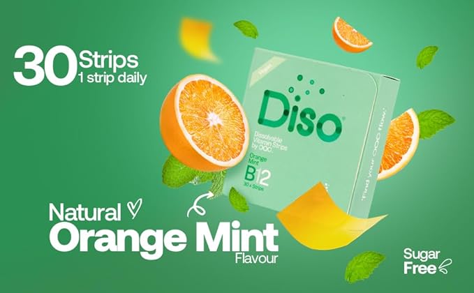 DISO - Vitamin B12 - Fast-Dissolving Oral Strips, for Tiredness and Fatigue, Orange Mint Flavor, Vegan, Sugar Free, Maximum Absorption, Gluten Free, Individually Wrapped, 30 Dissolvable Strips