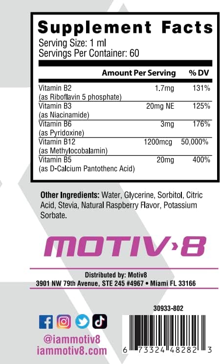 Motiv-8 Essentials Vitamin B-12 Drops, Sublingual, Easy to Take Liquid Supplement, Supports Eye Health, Brain Energy, Nervous System, Cognition & Memory (60 Servings, Raspberry)