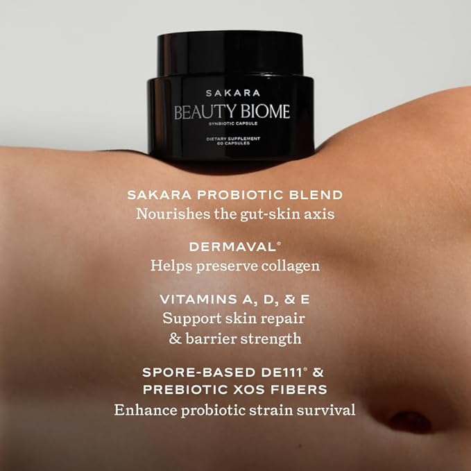SAKARA Beauty Biome – Daily Synbiotic Supplement for Skin + Gut Health with Probiotic, Dermaval, Vitamins A, D, E, Antioxidants, Prebiotics & Enzymes – for Clear, Radiant, Hydrated Skin – 60 Capsules