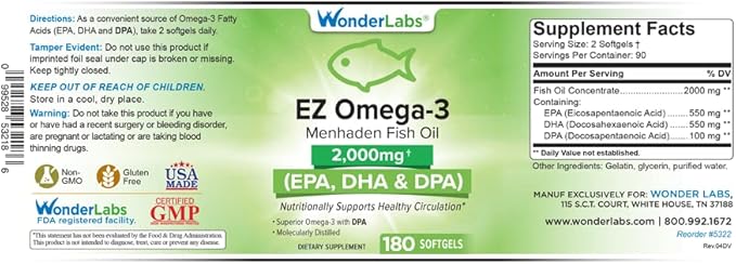 Wonder Laboratories EZ Omega-3 Atlantic Menhaden Fish Oil Supplement 2000 mg, Burpless, Made in The USA, Perfect Balance of EPA+ DHA + DPA 180 Softgels