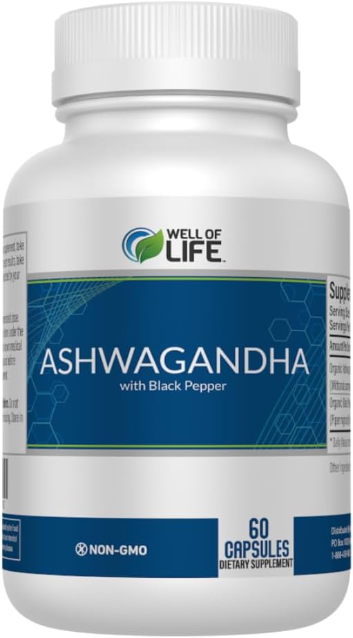 Well of Life Ashwagandha Supplements 1300mg Per Serving – with Black Pepper Extract for Calm, Focus & Sleep Support | 60 Vegan Capsules Non GMO GMP Certified USA Made