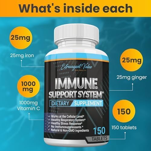 3-in-1 Immune Support Combo with Iron Supplement 25mg (Iron Pills) + 1000mg Vitamin C + Ginger Root, Gentle & Stomach Friendly for Energy & Iron Deficiency Support, Non-GMO, 150 Tablets