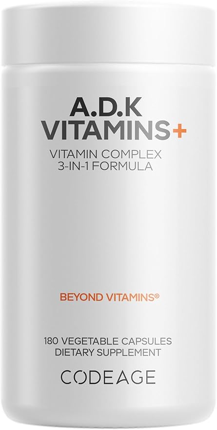 Codeage ADK Vitamins Supplement - Essential Vitamin A, D3 5000 IU, K1 & K2 (MK4 & MK7) - 6-Month Supply - 1 Capsule per Serving, Non-GMO, Gluten-Free - 180 Capsules