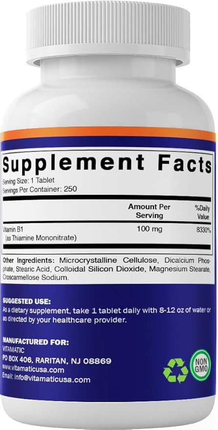 Vitamatic Vitamin B1 (As Thiamine Mononitrate) 100mg – 250 Vegetarian Tablets Supports Energy Production, Nervous System Function & Heart Health*