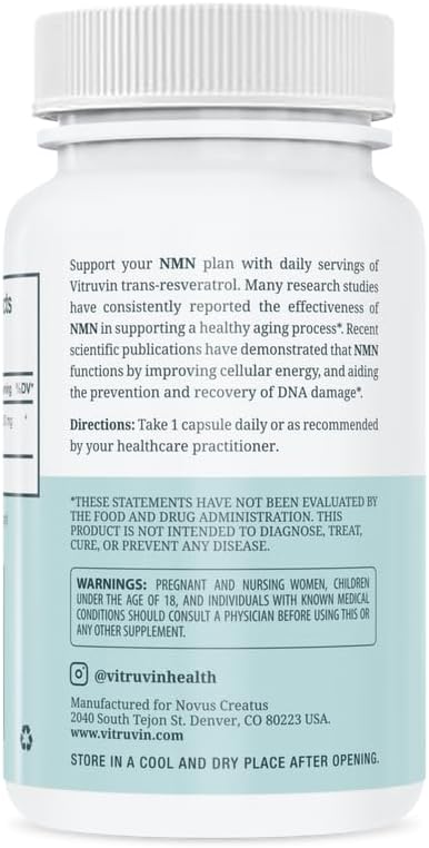VITRUVIN NMN 500mg - Ultra-Absorbable, Vegan, Non-GMO, Gluten-Free, Gelatin-Free - 1 Bottle, 30 Capsules
