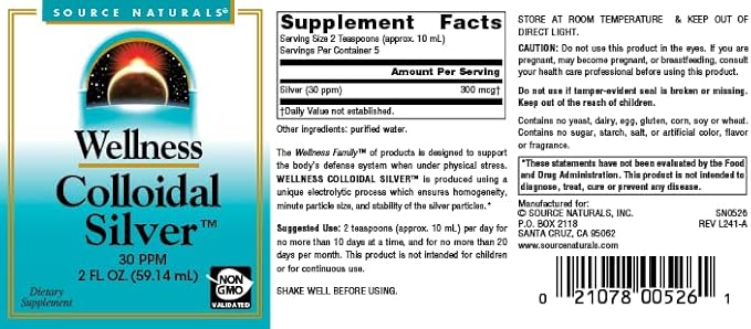 Source Naturals Wellness Colloidal Silver, 30 ppm, Non-GMO Liquid Dietary Supplement that Supports Physical Well Being* - 2 Fluid oz