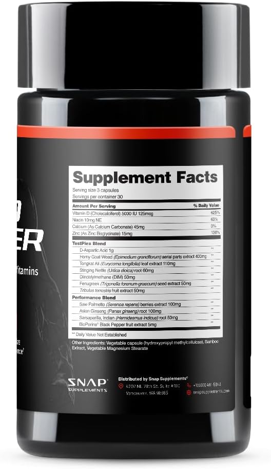 Snap Supplements Testosterone Booster for Men - Promotes Muscle Growth, Booster for Men, Enhancing Natural Energy, Stamina and Strength, 90 Capsules (30 Servings, 1 Month Supply)