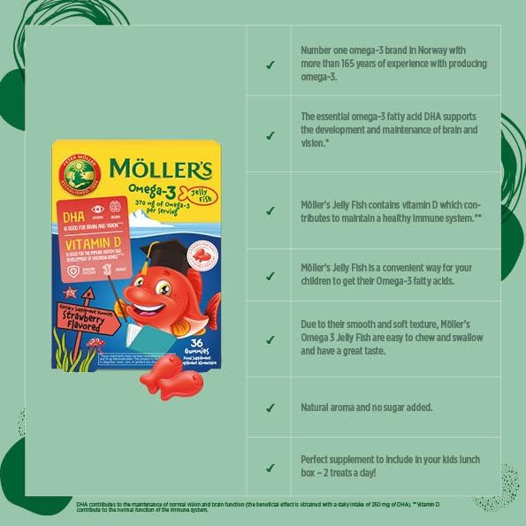 MÖLLER'S Omega 3 Capsules, Natural Fish Oil Omega3 for Kids with DHA and EPA, No Gluten, Lactose or Added Sugar & Easy to Chew, Strawberry Flavor, 36 Capsules