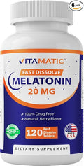 Vitamatic Melatonin 20 mg Tablets | Vegetarian, Non-GMO, Gluten Free | HIGH Potency 20 MG | Natural Berry Flavor (1/2 Tablets = Melatonin 10 mg) (120 Count (Pack of 6))