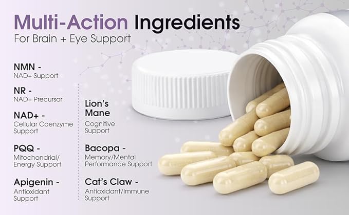 1LifeScience Cognition & Vision Support Supplement – NMN, Lion’s Mane, Cat’s Claw, Apigenin, PQQ & Lutein – NAD+ Support Formula – cGMP Made in USA – 60 Caps