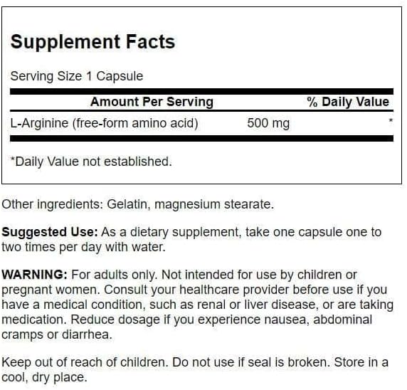 Swanson Amino Acid L-Arginine 500 Milligrams 100 Capsules