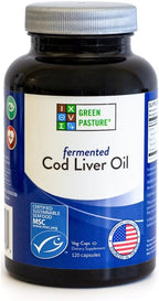Green Pasture Fermented Cod Liver Oil Capsules - Wild Alaska Cod, Vitamins A & D, Omega-3, Non-Gelatin 120 Count