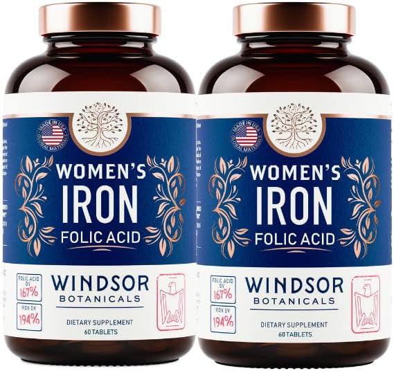 Iron and Folic Acid Supplements for Women - 35mg Gentle Iron Vitamin, Folic Acid 400mcg - Anemia, Period, Pregnancy Support Supplement, Ferrous Sulfate Pills - 120 Vegan Non-Constipating Tablets