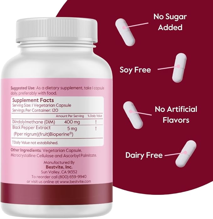BESTVITE DIM (Diindolylmethane) 400mg with Bioperine (240 Vegetarian Capsules) (120 x 2) - No Stearates - No Gelatin - Vegan - Non GMO - Gluten Free