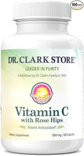 Dr. Clark Vitamin C with Rose HIPS Supplement – 1000mg, 100 Gelatin Capsules, Immune Support & Antioxidant Protection