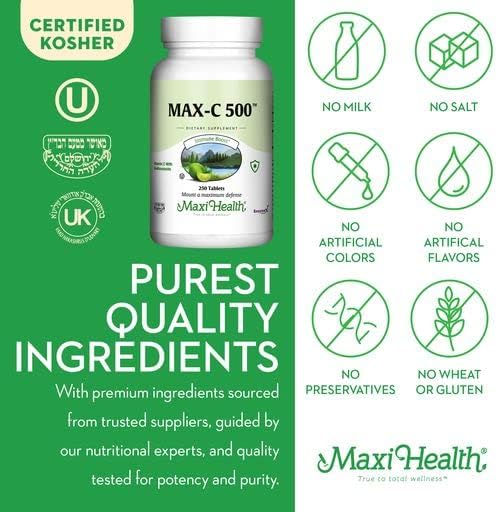 Maxi Health Max-C 500 Vitamin C Supplement – Vitamin C 500mg with Lemon Bioflavonoids Complex for Immune & Antioxidant Support – Vegan, Kosher – 250 Tablets