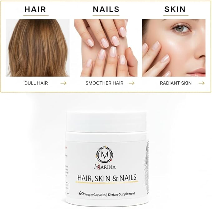 Marina - Ultra Advanced Beauty Supplement - Biotin 5000mcg & Collagen Supplement for Healthy Hair, Strong Nails & Youthful Skin Support, Made in USA - Women & Men | 60 Capsules