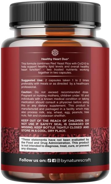 Red Yeast Rice with CoQ10 Supplement - Advanced Healthy Heart & Healthy Cholesterol Levels Formula for Men & Women - Red Yeast Rice Capsules with 1200mg per Serving and CoQ10-240 Count