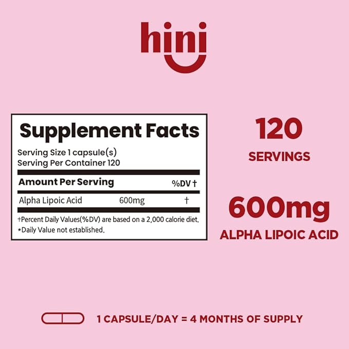 HINI Alpha Lipoic Acid 600 mg, Extra Strength ALA Antioxidant Support Supplement, High Potency Daily Wellness Formula, Easy-to-Swallow Capsules, 120 Count, 4-Month Supply for Men & Women