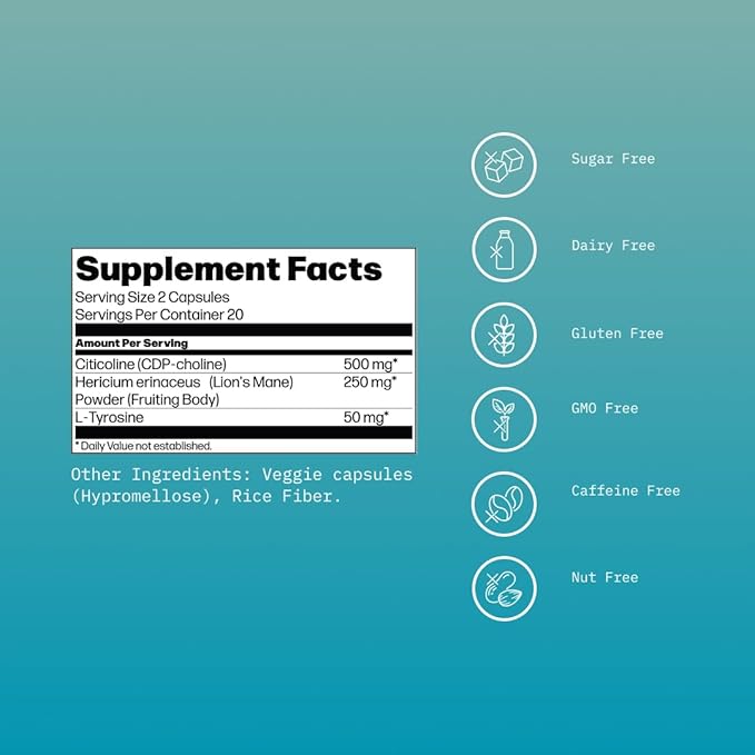 Mikra Cognitive Enhancer - Nootropic Brain Support Supplement with Citicoline, Lion’s Mane & L-Tyrosine - Cognitive & Memory Support Formula for Mental Clarity, Focus & Brain Health - 40 Capsules