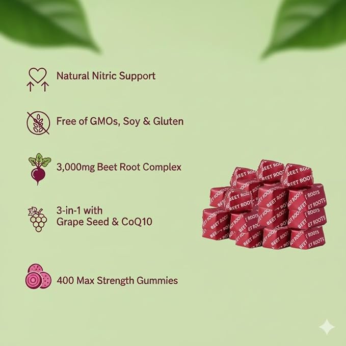 Beet Root Heart Chews, Nitric Oxide and Blood Pressure Support, Grape Seed Extract & Non-GMO Beet Root Powder Energy Supplement, Pomegranate Berry Flavor, 60 Count