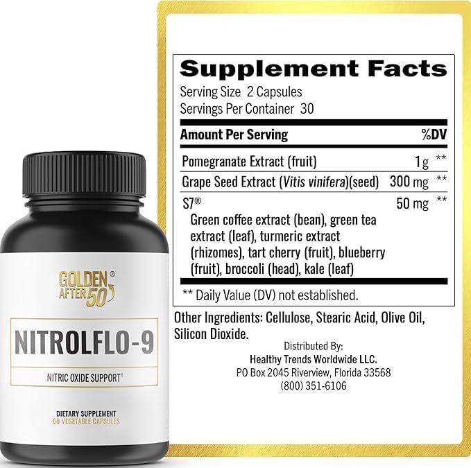 Golden After 50 NitrolFlo-9 - Nature-Powered Nitric Oxide Supplement with Pomegranate Extract, Grape Seed, and S7 - Supports Nutrient Circulation and Optimal Energy - 3 Bottles