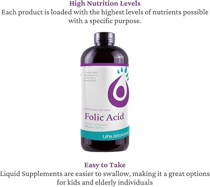 Life Solutions Liquid Folic Acid Supplement – 800 mcg Vitamin B9 per Serving – Berry Flavor, 8 fl oz – Fast Absorption, Prenatal, Heart & Brain Support