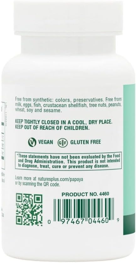 NaturesPlus Papaya Enzyme - 180 Chewable Tablets - Digestive Aid Supplement with Amylase & Protease - Helps Reduce Gas, Bloating, Stomach Upset & Discomfort - Vegan, Gluten Free - 180 Servings
