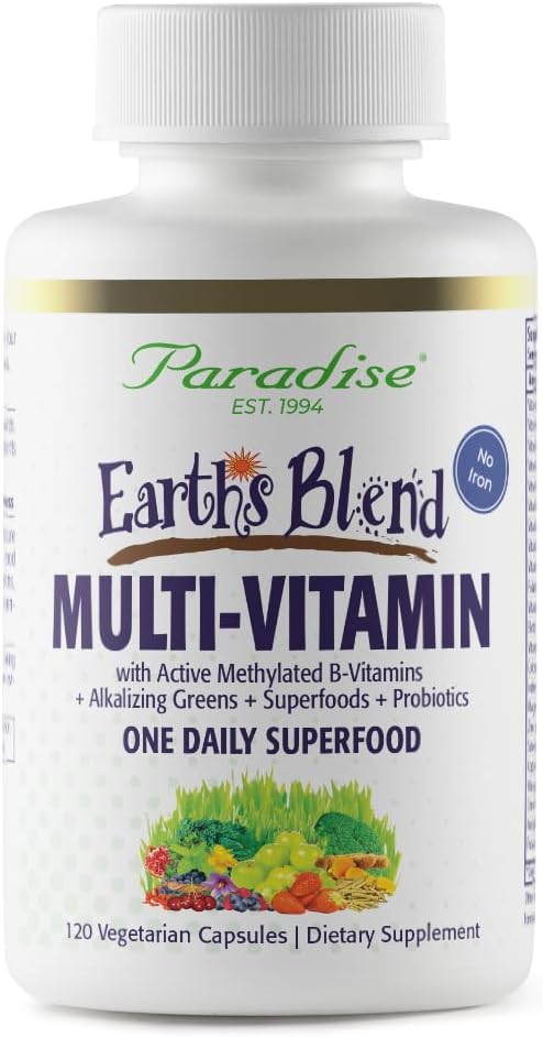 Paradise Herbs Earth's Blend Once Daily Multivitamin, No Iron, 48 Organic Superfoods, Probiotics, Antioxidants, Vitamins A, B12, C, D, K2,120 Count