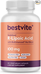 BESTVITE R-Lipoic Acid 100mg Stabilized with Bio-Enhanced® Na-RLA (120 Vegetarian Capsules) No Stearates - No Flow Agents - Vegan - Non-GMO - Gluten Free