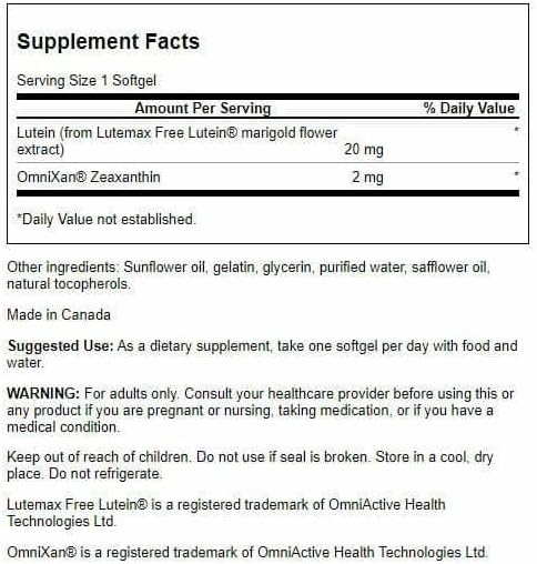 Swanson Lutein & Zeaxanthin Synergistic Eye Health Vision Retina Macula Supplement (Lutein 20 mg & OmniXan Zeaxanthin 2 mg) 60 Softgels Sgels (4 Pack)