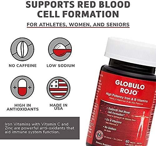 Globulo Rojo Iron Supplement - Dietary Supplement Pills with High Potency Iron & B Vitamins, 60 Tablets