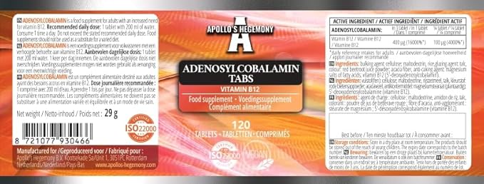 APOLLO'S HEGEMONY Adenosylcobalamin 120 Tablets - Optimal Bioavailable Vitamin B12 for Enhanced Energy Metabolism - 480 Servings - Diet Supplement