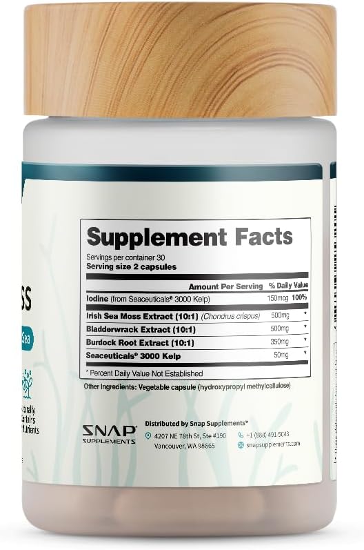 Snap Supplements Irish Sea Moss with Bladderwrack, Burdock Root & Iodine – Natural Sea Moss Supplement to Support Gut Health, Energy & Healthy-Looking Skin, 60 Vegan Capsules (1 Month Supply)