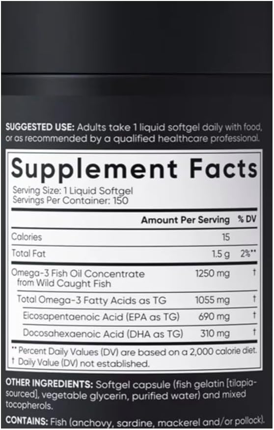 Sports Omega-3 Fish Oil, Triple Strength, (150 Counts) Burp-Less Formula, 1250 mg Fish Oil, 1055mg Omega 3, 1 Softgel per Day