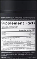 Sports Omega-3 Fish Oil, Triple Strength, (150 Counts) Burp-Less Formula, 1250 mg Fish Oil, 1055mg Omega 3, 1 Softgel per Day