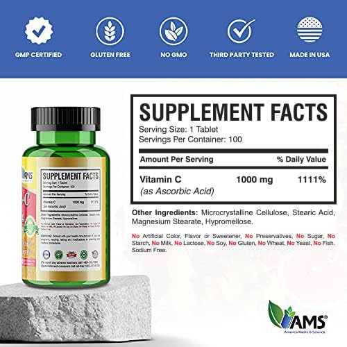 America Medic & Science Rapid-C 1000mg Vitamin C Supplement (1 Pack of 100 Tablets) Energy Booster, Daily Immune System Support, Antioxidant | Vegan, Non-GMO Coated Ascorbic Acid for Adult Men & Women