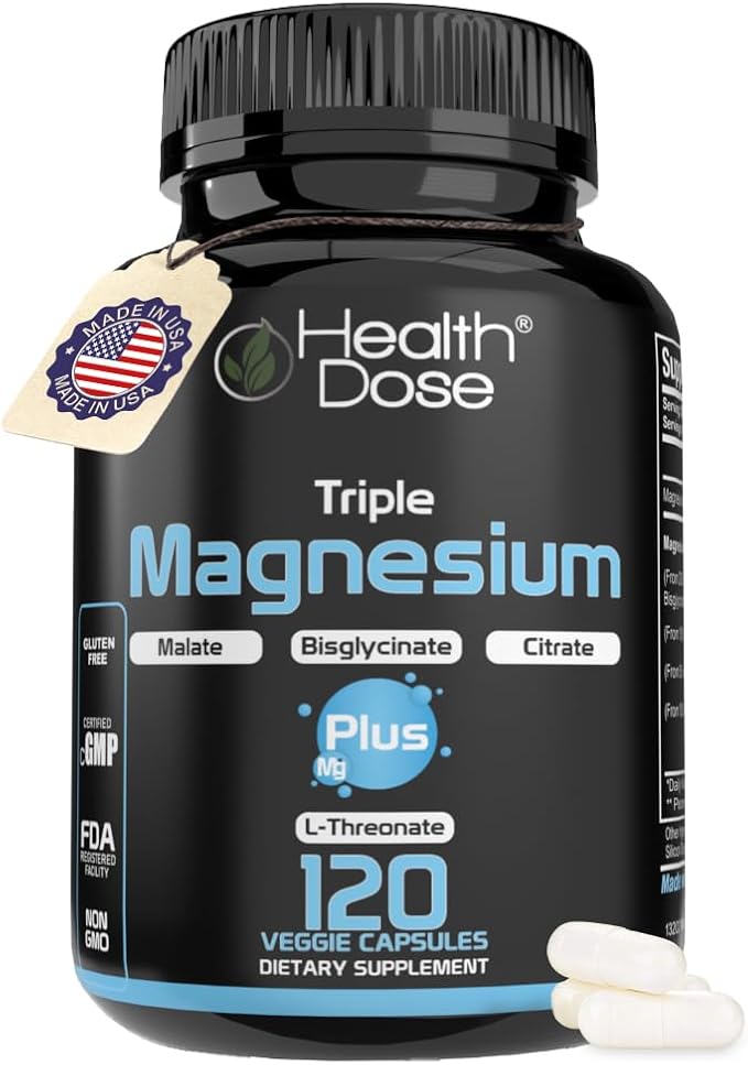 Health Dose Triple Magnesium Complex 1000 mg | L-Threonate, Bisglycinate, Citrate & Malate Blend | Support for Muscle Relaxation, Sleep & Cognitive Function | 120 Capsules | All-in-One Formula