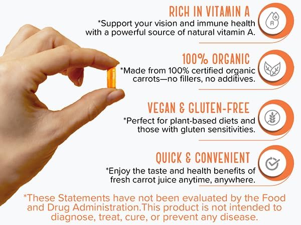USA Grown Organic Carrot Juice Powder Capsules – Raw Cold-Pressed for Maximum Nutrients – Rich in Beta Carotene for Eye Support & Skin Health – Whole Food Vitamin A – 120 Vegan Pullulan Caps, Kosher