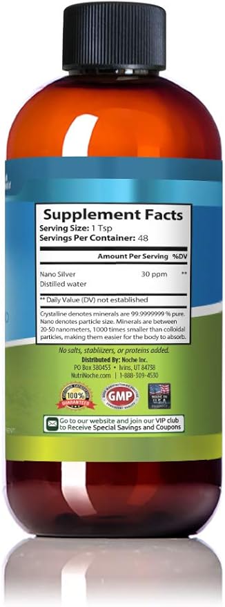 NutriNoche Colloidal Silver Liquid - Premium Silver for Immune Support - Organic Plata Coloidal para Tomar - 99.99% Ultra Pure Nano Particles for Optimal Absorption - 30 ppm 8 oz