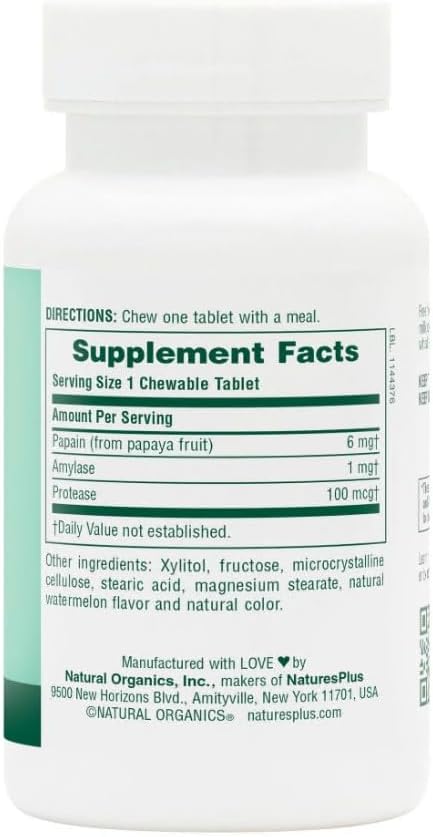 NaturesPlus Papaya Enzyme - 180 Chewable Tablets - Digestive Aid Supplement with Amylase & Protease - Helps Reduce Gas, Bloating, Stomach Upset & Discomfort - Vegan, Gluten Free - 180 Servings
