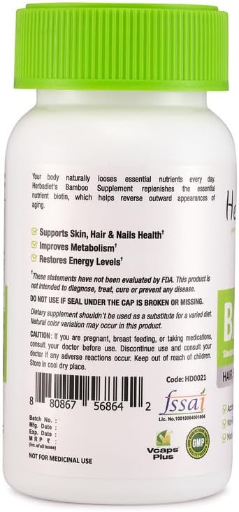 Herbadiet Bamboo Extract Capsules | Supports Healthy Skin, Hair & Nails | Natural Hair Supplement with 70% Silica (120 Capsules)