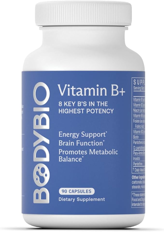 BodyBio - Vitamin B Complex Including B1, B2, B3, B5, B6, Methyl B12, Folinic Acid, 5-MTHF, and B7 to Supports Alertness, Metabolism & Immune System, 90 Capsules