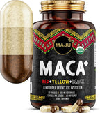 Maju Superfoods 4-in-1 Maca Root Capsules, Organic Black, Yellow & Red Roots w Black Pepper Extract for Absorption (120 ct) | Peru Product, Peruvian Powder, Men & Women Supplement, 60,000 mg
