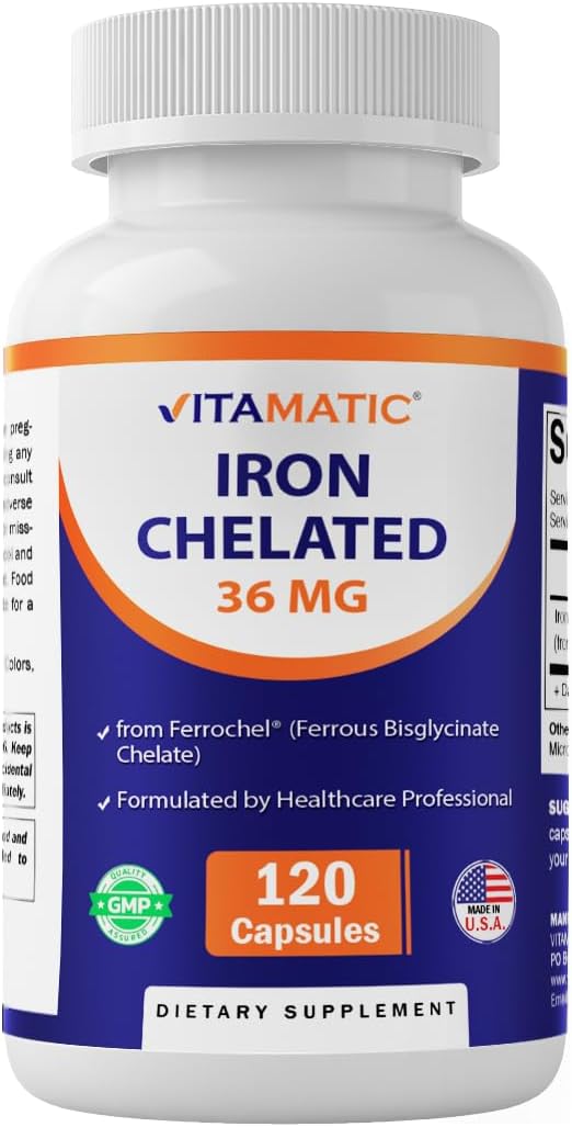 Vitamatic Chelated Iron 36 mg (from Ferrochel® Ferrous Bisglycinate Chelate) – Non-Constipating - 120 Veg Capsules - Non GMO, Gluten Free, Made in USA