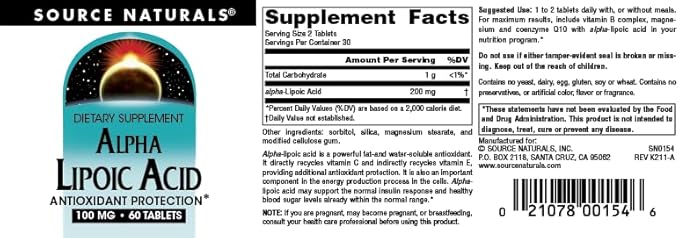 Source Naturals Alpha Lipoic Acid Supports Healthy Sugar Metabolism, Liver Function & Energy Generation* -100 mg - 60 Tablets