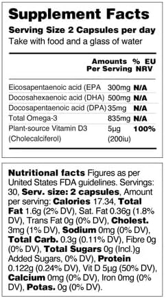 VEGETOLOGY Vegan Omega 3 Supplement – EPA, DHA Supplements & Vitamin D3 – Algae Omega 3 Vegan Supplements for Brain, Eye & Heart Health – for Kids & Adults (180 Capsules)