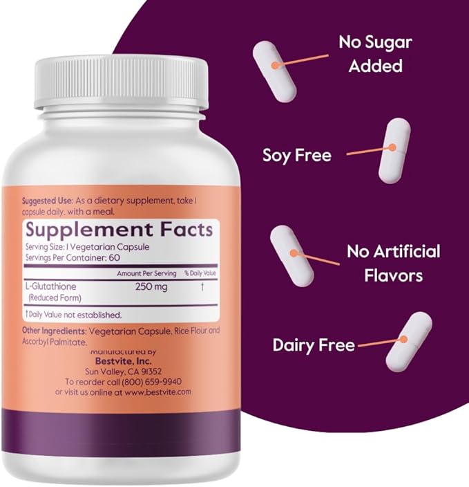 BESTVITE L-Glutathione 250mg (60 Vegetarian Capsules) - No Stearates - Vegan - Non GMO - Gluten Free