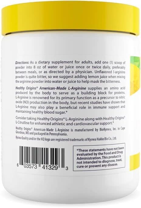 Healthy Origins L-Arginine Powder 5,000 mg per Serving, 10.6 oz (300g) - American-Made USP Grade Amino Acid, Nitric Oxide Precursor Supports Heart Health, Sports Recovery & Performance - 60 Servings